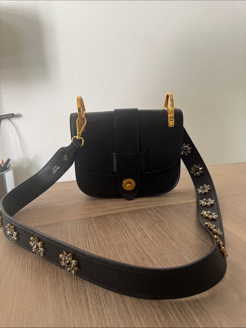Prada Black Leather Crossbody Bag with Embellished Strap